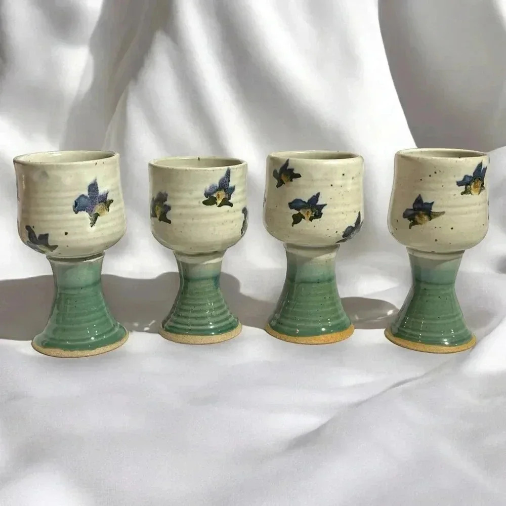 Vintage Handmade Orchid Stoneware Wine Goblet Set of 4 - Picture 2 of 7